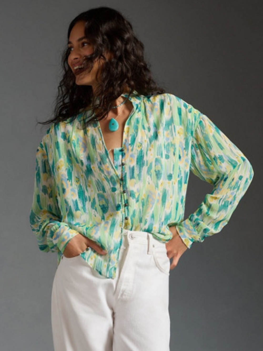 Pilcro Anthropologie Tavi Abstract Print Sheer Button Front Blouse Size XS